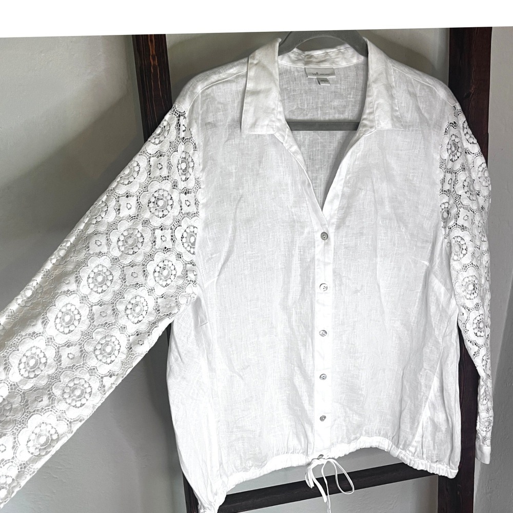 J. Jill Love Linen White Lace Sleeve Button Down Top Drawstring Hem Large Coast